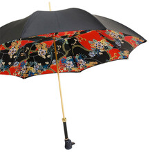 BLACK POODLE – Umbrelă damă neagră cu interior motive chinezești roșii și mâner decorativ