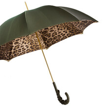 LEOPARD OLIVE – Umbrelă damă verde măsliniu cu imprimeu leopard și mâner din piele