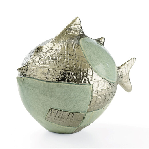 Statueta peste balon din ceramica verde/platina POP GLOBE FISH