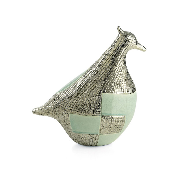 Statueta pasare din ceramica verde/bronz BIRD POP