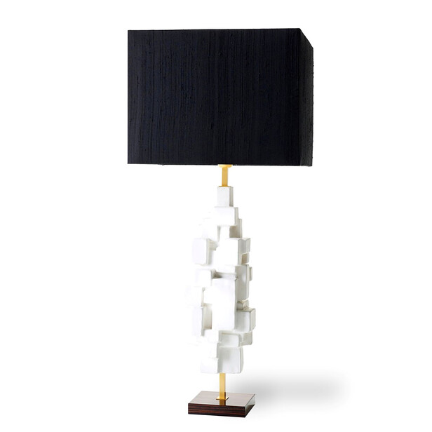 MARVIN - Lampă de masă cu bază din ceramică albă, accente aurii și abajur negru rectangular