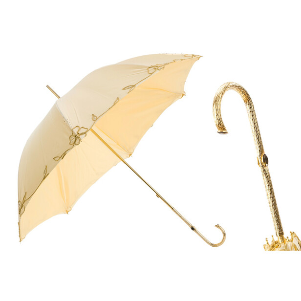 Umbrela bej cu maner auriu si model floral aplicat
