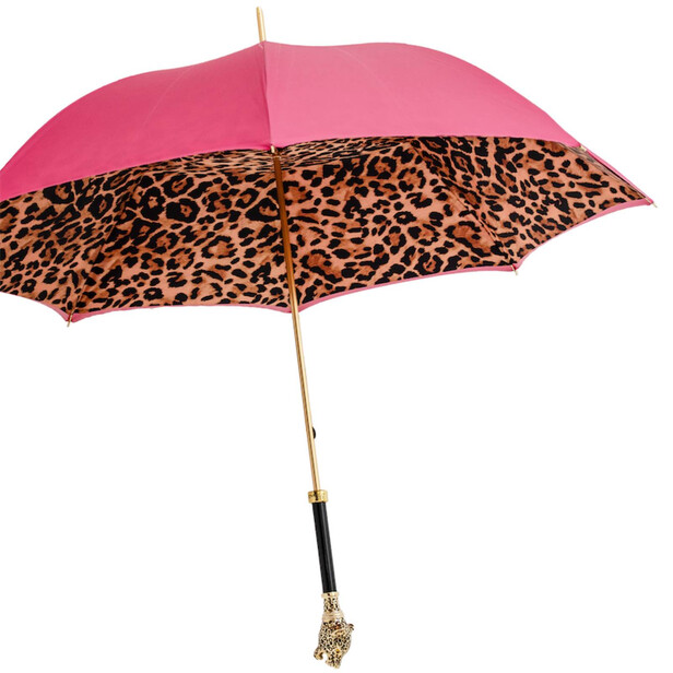 LEOPARD – Umbrelă damă ciclamen cu interior animal print și mâner decorativ