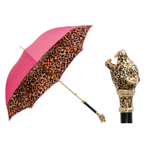 LEOPARD – Umbrelă damă ciclamen cu interior animal print și mâner decorativ