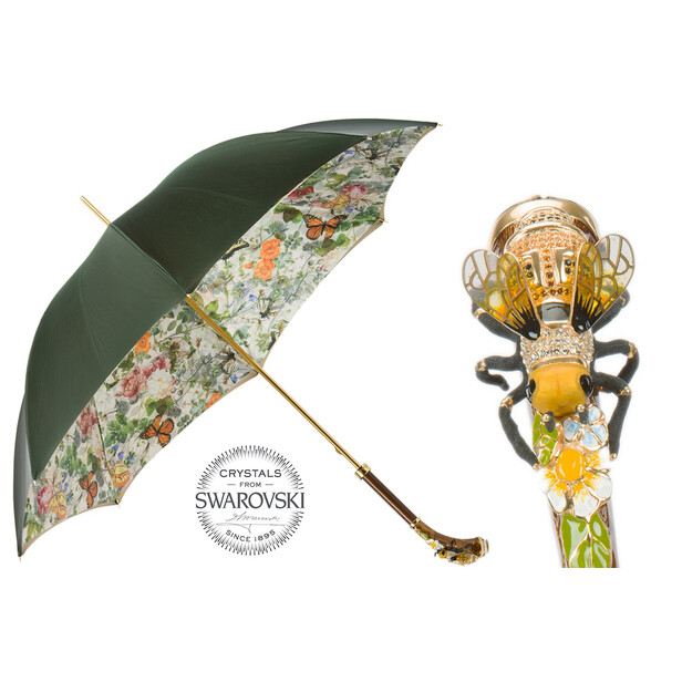 BEE SWAROVSKI – Umbrelă damă verde cu interior floral și mâner decor Albină cu cristale