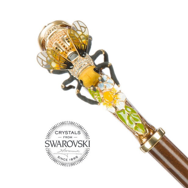 BEE SWAROVSKI – Umbrelă damă verde cu interior floral și mâner decor Albină cu cristale