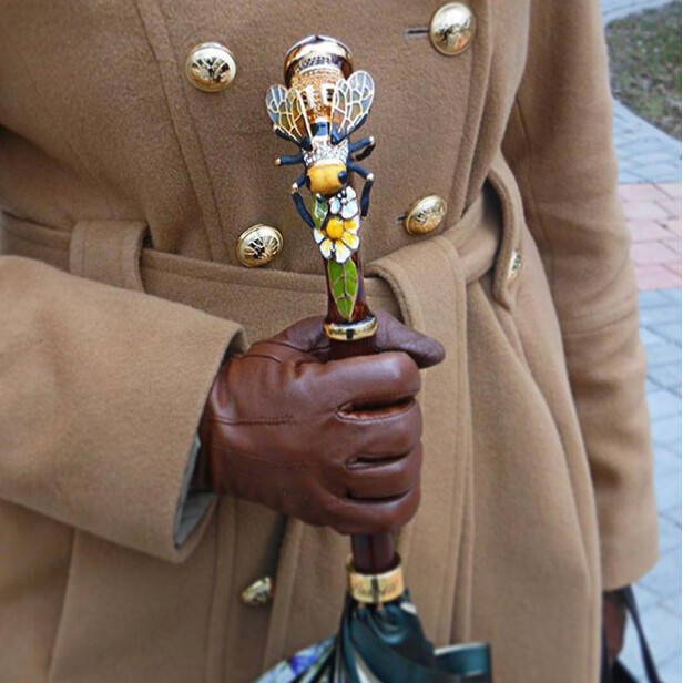 BEE SWAROVSKI – Umbrelă damă verde cu interior floral și mâner decor Albină cu cristale