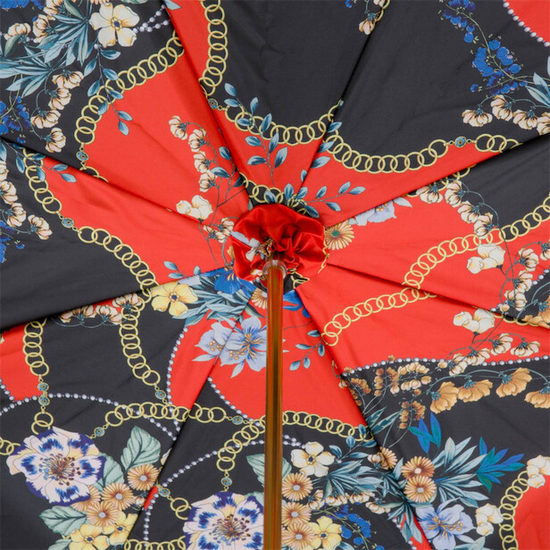 BLACK POODLE – Umbrelă damă neagră cu interior motive chinezești roșii și mâner decorativ