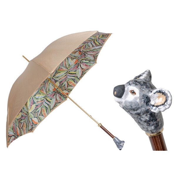 KOALA – Umbrelă damă bej cu interior frunze multicolore și mâner decorativ