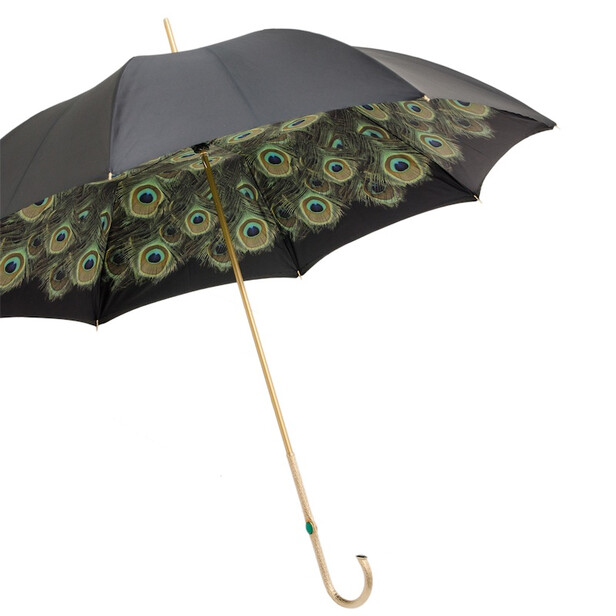 Umbrela neagra cu decor interior din pene de paun