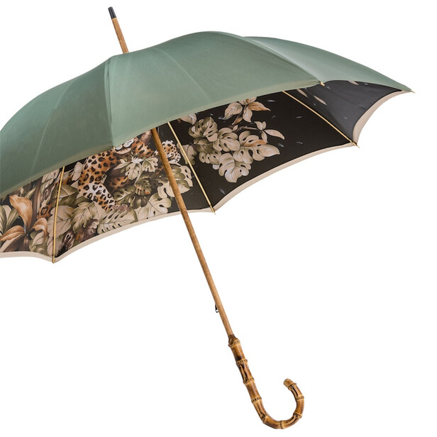 TIGER – Umbrelă damă verde cu mâner din bambus și interior decor vegetație tropicală și tigru
