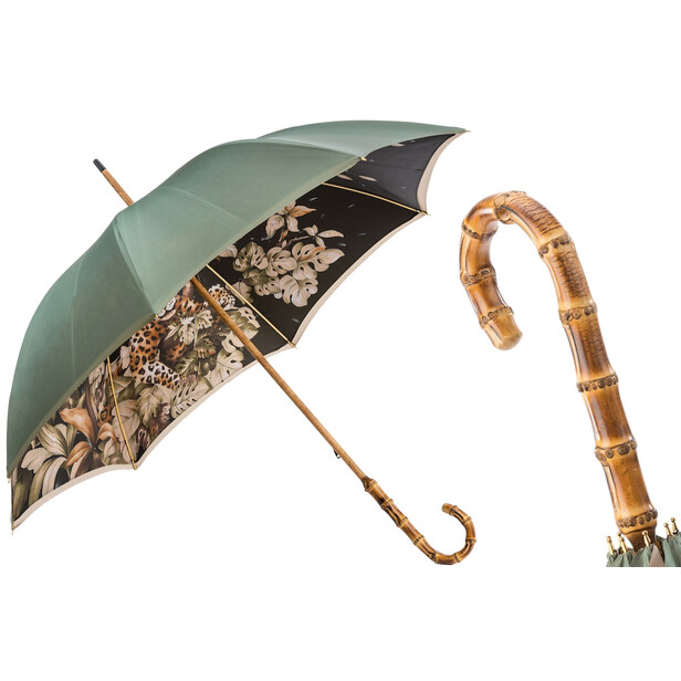 TIGER – Umbrelă damă verde cu mâner din bambus și interior decor vegetație tropicală și tigru