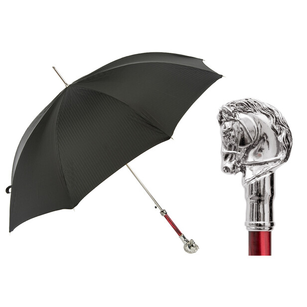 SILVER HORSE – Umbrelă bărbați elegantă neagră cu mâner decor Cal argintiu