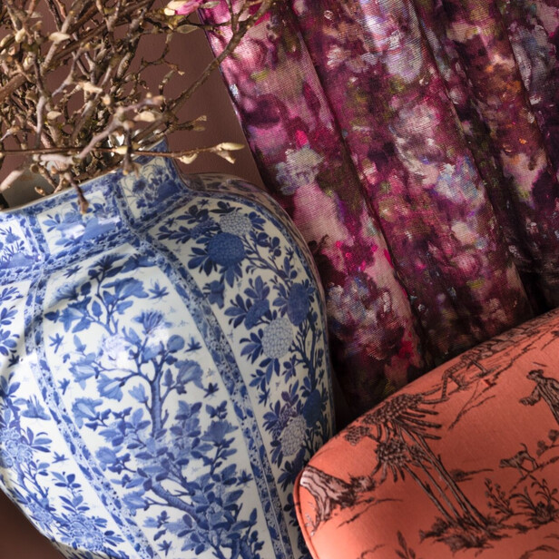 BLOOMING BAROQUE – Țesătură florală din vâscoză și in cu imprimeu acuarelă