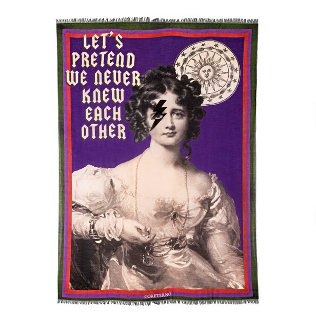 LET’S PRETEND – Eșarfă din modal și cașmir cu femeie barocă și mesaj