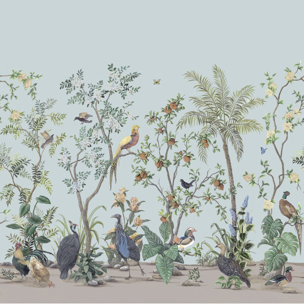 POMGRANATE Tapet panoramic – Rodia și păsări exotice în stil Chinoiserie