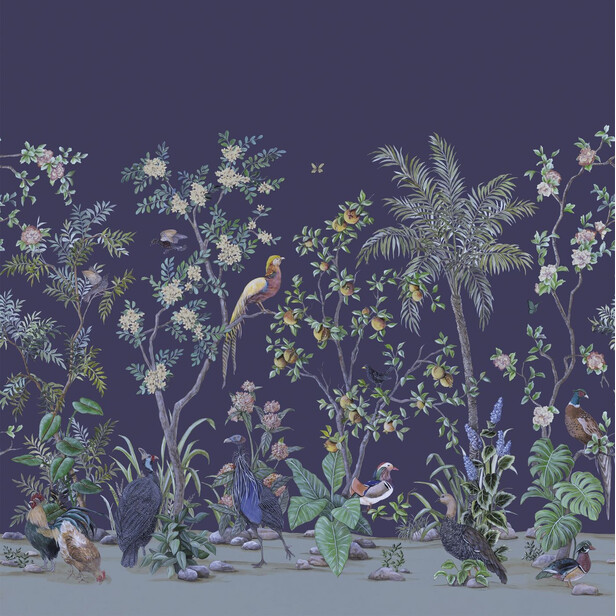 POMGRANATE Tapet panoramic – Rodia și păsări exotice în stil Chinoiserie