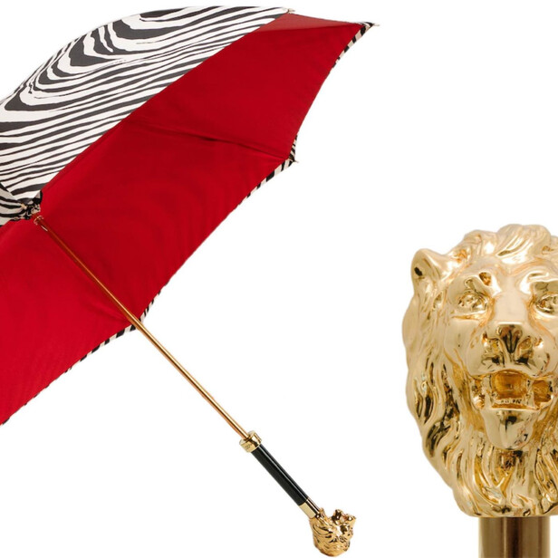 AURETA X PASOTTI – Umbrelă damă Zebra Lion cu imprimeu zebră, interior roșu și mâner decor Leu