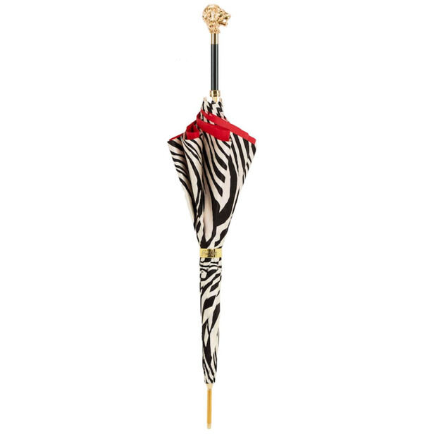 AURETA X PASOTTI – Umbrelă damă Zebra Lion cu imprimeu zebră, interior roșu și mâner decor Leu