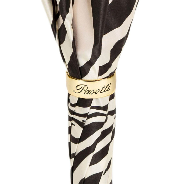 AURETA X PASOTTI – Umbrelă damă Zebra Lion cu imprimeu zebră, interior roșu și mâner decor Leu