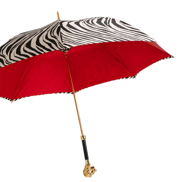 AURETA X PASOTTI – Umbrelă damă Zebra Lion cu imprimeu zebră, interior roșu și mâner decor Leu
