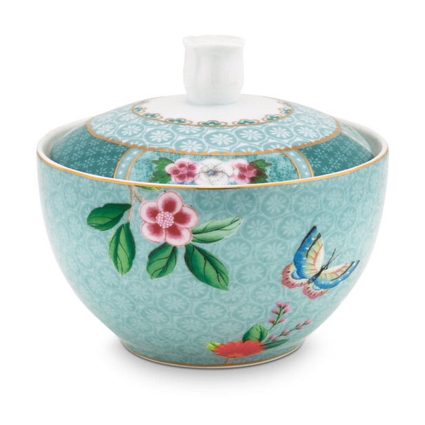 Bol cu capac pentru zahar, design floral si pasari BLUSHING BIRDS blue