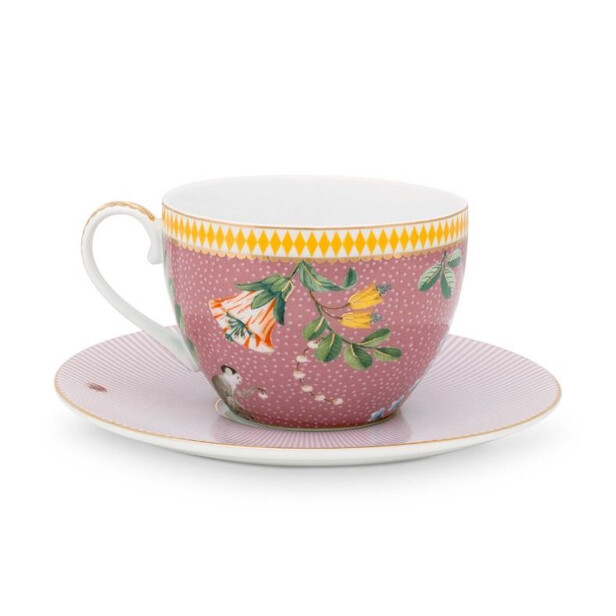 Set 6 cesti pentru ceai sau cafea, cu farfurie, design exotic cu maimute LA MAJORELLE pink