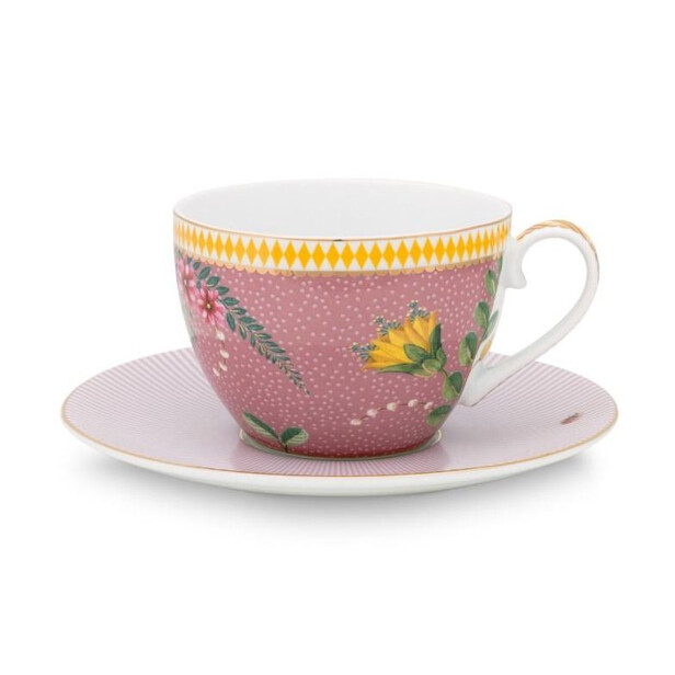 Set 6 cesti pentru ceai sau cafea, cu farfurie, design exotic cu maimute LA MAJORELLE pink