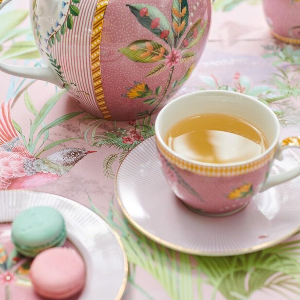 Set 6 cesti pentru ceai sau cafea, cu farfurie, design exotic cu maimute LA MAJORELLE pink