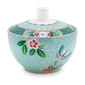 Bol cu capac pentru zahar, design floral si pasari BLUSHING BIRDS blue